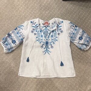 Johnny Was Kids White Blouse with Blue Embroidery